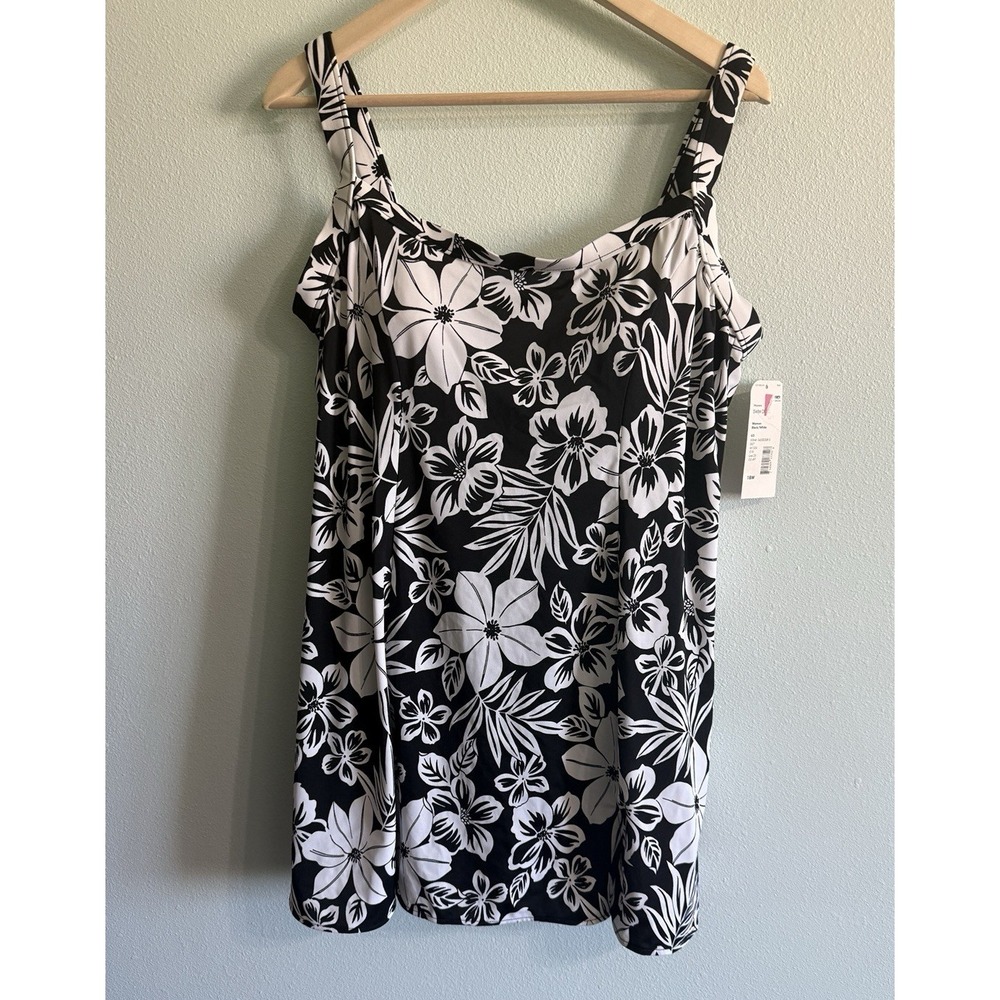 NWT 18W SWIMSUIT Swimdress ONE PIECE Tropical Escape Plus Size Black White